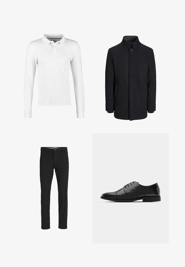 Herren schwarzer Wollmantel mit hohem Kragen, verdecktem Reißverschluss, einreihigem Knopfverschluss und Seitentaschen.; Langarm-Poloshirt aus weißer Baumwolle mit einem kragenförmigen Halsausschnitt, einer Knopfleiste mit drei Knöpfen und einer schlichten Struktur ohne Muster oder Verzierungen.; Schwarze Baumwollmischungshose mit schmalem Schnitt, gekennzeichnet durch einen Knopfverschluss, Taschen und umgeschlagenen Säumen für einen lässigen Abschluss.; Schwarzer Leder-Dieerschuh mit runder Zehenform, Schnürdesign, dezenten Nähdetails und niedrigem Absatz. Glatte Textur mit polierter Oberfläche.