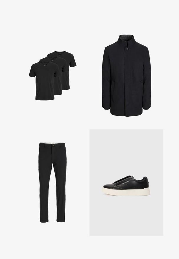 Men's black wool coat with high collar, concealed zipper, single button closure, and side pockets.; Black cotton v-neck t-shirts, featuring short sleeves and a regular fit, displayed in a pack of three. Smooth texture, no patterns or accents.; Black cotton blend pants with a slim fit, featuring a button closure, pockets, and rolled cuffs for a casual finish.; Black slip-on sneaker with textured leather upper, white rubber sole, and no visible laces. Features brand logo on the side.