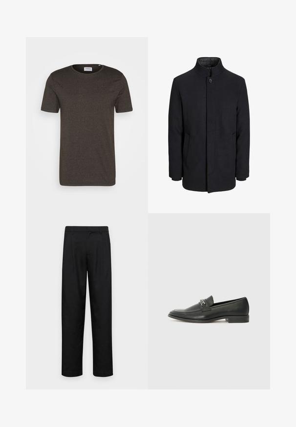 Vīriešu melns vilnas mētelis ar augstu apkakli, slēptu rāvējslēdžu, vienu pogu aizdari un sānu kabatām.; Tumši zaļa īsām piedurknēm T-kreklu, apaļa izgriezuma, gluda tekstūra, bez rakstiem vai akcentiem, vienkāršs dizains, piemērots ikdienas valkāšanai.; Melnas bikses, izgatavotas no gludas auduma, ar taisnu kāju dizainu, divām priekšējām krokām un standarta jostu, kurai ir āķi.; Melna ādas loafer izmēra apavi ar gludu virsmu, piedāvā ar šūtu dizainu un dekoratīvu metāla ķēdes akcentu pār vampu. Plakana papēža daļa.