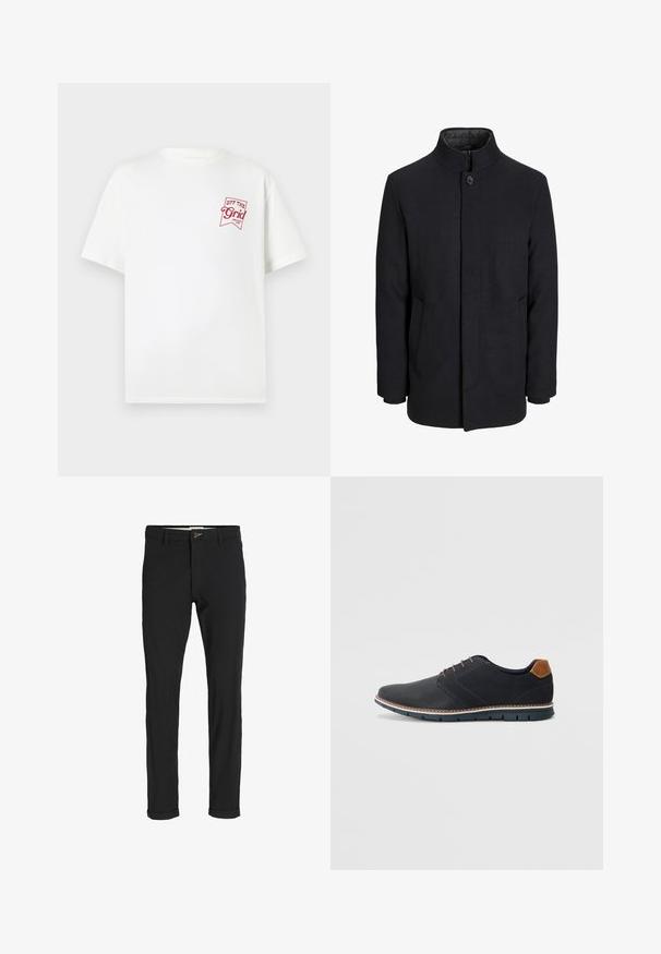 Vyriškas juodas vilnonis paltas su aukštu apykakle, užslėptu užtrauktuku, vienu užsegimu ir šoninėmis kišenėmis.; Balta medvilninė marškinėlių su trumpomis rankovėmis, kuriose kairėje krūtinės pusėje esantis raudonas logotipas su užrašu "OFF THE Grid".; Juodi medvilnės mišiniai kelnės su siauru siluetu, su mygtuko uždarymu, kišenėmis ir sukamučiais galais, suteikiančiais laisvalaikio stilių.; Juodi sintetiniai batai su tekstūruotu paviršiumi, lygiomis detalėmis, ruda kulna ir kontrastingu padu. Yra minimalus raištelių užsidėjimas ir siuvimo detalės.