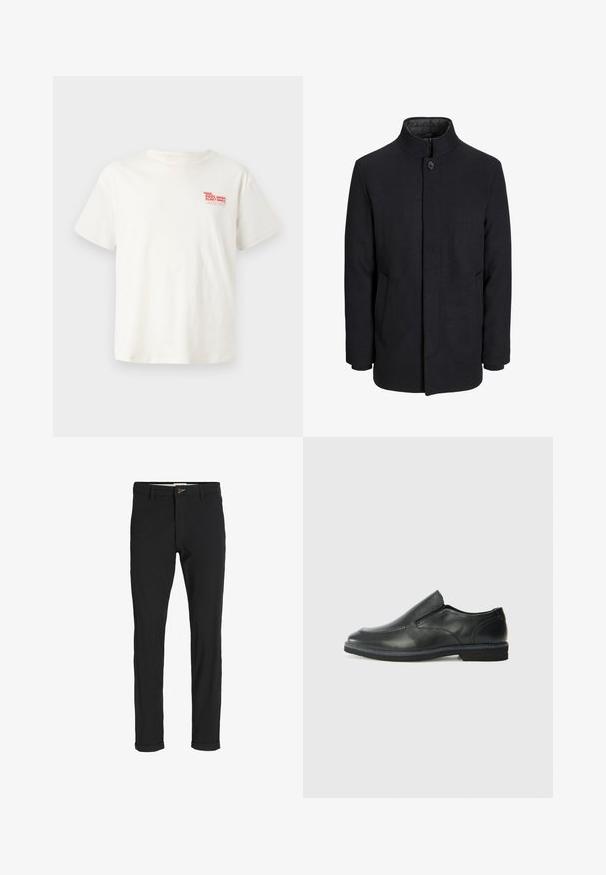 Vīriešu melns vilnas mētelis ar augstu apkakli, slēptu rāvējslēdžu, vienu pogu aizdari un sānu kabatām.; Baltas kokvilnas T krekls ar īsām piedurknēm, kuram uz kreisā krūšu laukuma ir sarkans attēls "POOL REPAIR FLOAT SERVICE".; Melnas kokvilnas maisījuma bikses ar šauru piegriezumu, ar pogu aizdari, kabatām un rullētām piedurknēm ikdienišķam izskatam.; Melnas ādas slip-on kurpes ar gludu augšdaļu, izšūtām akcentiem, noapaļotu purngala daļu un zemu gumijas papēdi. Zole ar minimālu rakstu.