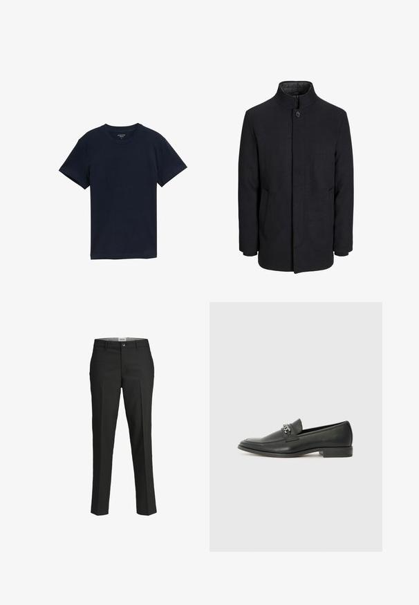 Meeste must villane mantel kõrge kraega, peidetud tõmblukk, ühe nööbiga kinnitamine ja küljetaskud.; Tumed sinepükest t-särk, lühikeste varrukatega, ümmargune kaelus, sile tekstuur, lihtne disain, mustrid ja aksessuaarid puuduvad, sirge äär.; Mustad püksid, kohandatud lõige, sile kangas, keskmise kõrgusega vöökoht, ees nupuga sulgemine, diagonaalsed taskud ja voldid jalgade all.; Must haveate nahkking punased, millel on sile viimistlus, tikitud muster ja dekoratiivne metallkett vampi üle. Tasane konts.