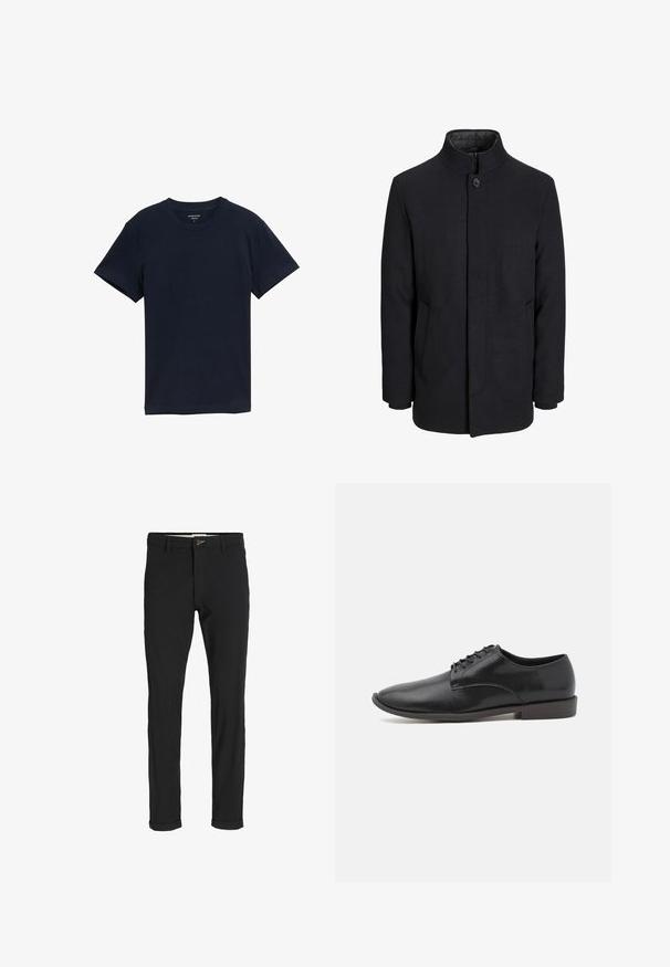Férfi fekete gyapjú kabát magas gallérral, rejtett cipzárral, egy gombos záródással és oldalzsebekkel.; Sötétkék pamut póló, rövid ujjú, kerek nyakkivágású, sima textúrával, egyszerű dizájnnal, minták vagy díszítések nélkül, egyenes alsó szegéllyel.; Fekete pamut keverék nadrág, slim fit szabással, gombos záródással, zsebekkel és felgöngyölt szárakkal a laza végeredményért.; Fekete bőr fűzős cipő sima felülettel, kerek orral és alacsony profilú gumitalppal. Minimalista dizájn, további díszítések nélkül.