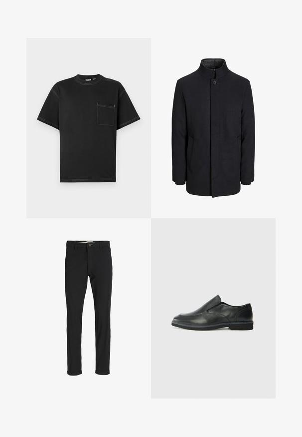 Abrigo de lana negro para hombre con cuello alto, cremallera oculta, cierre de un botón y bolsillos laterales.; Camiseta negra de manga corta, hecha de algodón, con un bolsillo en el lado izquierdo del pecho, costuras blancas en contraste y un cuello redondo.; Pantalones de mezcla de algodón negros con corte ajustado, que presentan un cierre de botón, bolsillos y puños enrollados para un acabado casual.; Zapato negro de cuero sin cordones con un upper suave, detalles de costura, punta redonda y un bajo tacón de goma. La suela presenta una tracción mínima.