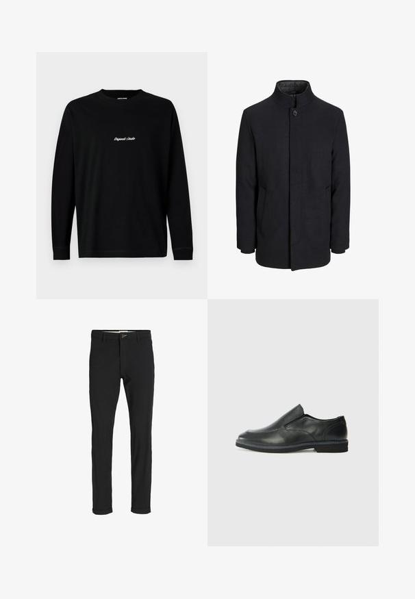 Férfi fekete gyapjú kabát magas gallérral, rejtett cipzárral, egy gombos záródással és oldalzsebekkel.; Fekete, hosszú ujjú póló, fehér hímzéssel az "Originals Studio" felirattal a mellkason; minimalista dizájn egyszerű háttéren.; Fekete pamut keverék nadrág, slim fit szabással, gombos záródással, zsebekkel és felgöngyölt szárakkal a laza végeredményért.; Fekete bőr, slip-on cipő sima felsőrésszel, varrott díszítéssel, lekerekített orral és alacsony gumitalppal. A talpa minimális bordázattal rendelkezik.