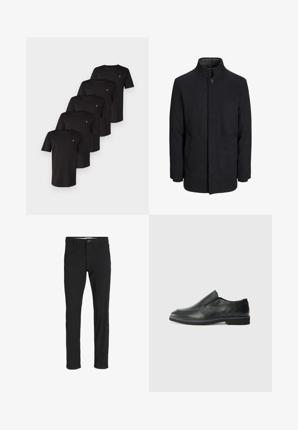 Vyriškas juodas vilnonis paltas su aukštu apykakle, užslėptu užtrauktuku, vienu užsegimu ir šoninėmis kišenėmis.; Juodų medvilnės marškinėlių su trumpomis rankovėmis, apvaliu iškirpimu ir mažuoju logo kairėje krūtinės pusėje, išdėstyti penkių sluoksniu.; Juodi medvilnės mišiniai kelnės su siauru siluetu, su mygtuko uždarymu, kišenėmis ir sukamučiais galais, suteikiančiais laisvalaikio stilių.; Juodai odiniai įtvirtinimo batai su lygiu paviršiumi, siuvinėjimo akcentais, apvalia nosimi ir žemu guminiu kulnu. Pado raštas minimalus.