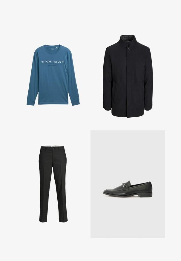 Męski czarny wełniany płaszcz z wysokim kołnierzem, ukrytym zamek błyskawicznym, zapięciem na jeden guzik oraz bocznymi kieszeniami.; T-shirt z długim rękawem w kolorze turkusowym, wykonany z miękkiej bawełny, z okrągłym dekoltem, z białym napisem "TOM TAILOR AUTHENTIC DENIM DEPARTMENT."; Czarne spodnie, dopasowany krój, gładki materiał, średni stan, zapięcie na guzik z przodu, ukośne kieszenie oraz detalowanie wzdłuż nogawki.; Czarne skórzane mokasyny o gładkim wykończeniu, z haftowanym wzorem i dekoracyjnym akcentem z metalowego łańcucha na wierzchu. Płaska pięta.