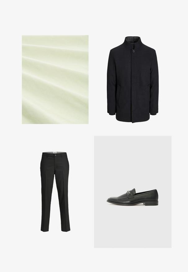 Svart ullrock för män med hög krage, dold dragkedja, singel knappstängning och sidofickor.; Ljusgrön tyg med en slät textur, som visar grunda veck. Materialet verkar lätt och något reflekterande under mjukt ljus.; Svarta byxor, skräddarsydd passform, slätt tyg, medelhög midja, framknäppning, diagonala fickor och veckdetaljering längs benen.; Svart läderloafers med en slät yta, med en sydd design och en dekorativ metallkedjeaccent över västen. Platt häldesign.