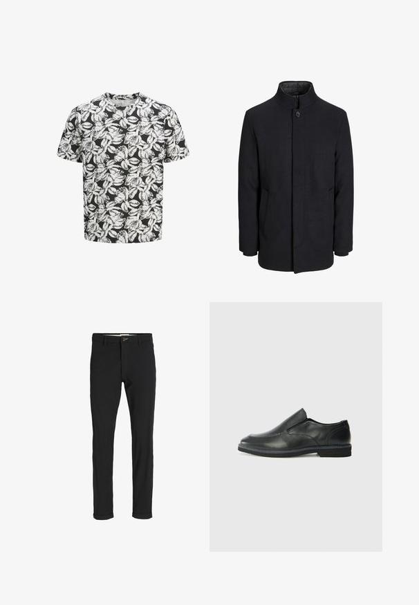 Férfi fekete gyapjú kabát magas gallérral, rejtett cipzárral, egy gombos záródással és oldalzsebekkel.; Rövid ujjú póló puha anyagból, fekete háttérrel és fehér levélmintázattal. Kerek nyakkivágás, laza szabás.; Fekete pamut keverék nadrág, slim fit szabással, gombos záródással, zsebekkel és felgöngyölt szárakkal a laza végeredményért.; Fekete bőr, slip-on cipő sima felsőrésszel, varrott díszítéssel, lekerekített orral és alacsony gumitalppal. A talpa minimális bordázattal rendelkezik.