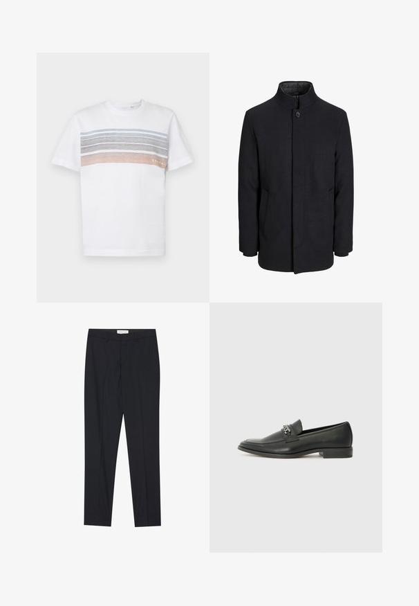 Herren schwarzer Wollmantel mit hohem Kragen, verdecktem Reißverschluss, einreihigem Knopfverschluss und Seitentaschen.; Weißes T-Shirt mit kurzen Ärmeln, das horizontale Streifen in Hellblau, Grau und Orange zeigt. Entworfen in einer normalen Passform mit einem gerippten Halsausschnitt.; Schwarze maßgeschneiderte Hose mit flachem Vorderteil, normaler Passform, aus glattem Stoff, mit gebügelten Falten und Seitentaschen.; Schwarzer Lederloafer mit glatter Oberfläche, ausgestattet mit einer gesteppten Gestaltung und einem dekorativen Metallkettendetail über dem Vorderblatt. Flacher Absatz.