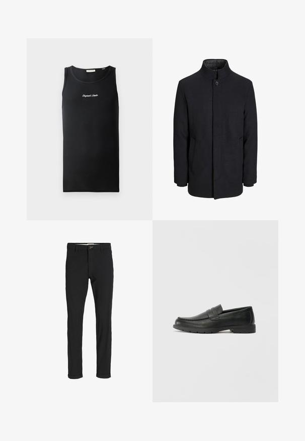 Vyriškas juodas vilnonis paltas su aukštu apykakle, užslėptu užtrauktuku, vienu užsegimu ir šoninėmis kišenėmis.; Juodas marškinėlis be rankovių iš raukšlėtos medžiagos. turi apvalų iškirpimą ir mažą baltą „Originals Studio“ logotipą ant krūtinės.; Juodi medvilnės mišiniai kelnės su siauru siluetu, su mygtuko uždarymu, kišenėmis ir sukamučiais galais, suteikiančiais laisvalaikio stilių.; Juodai odiniai loaferiai su sklandžiu paviršiumi, mokasino stiliaus viršus, siuvinėjimu ir guminėmis padangomis. Klasikinis dizainas su žemu kulnu.