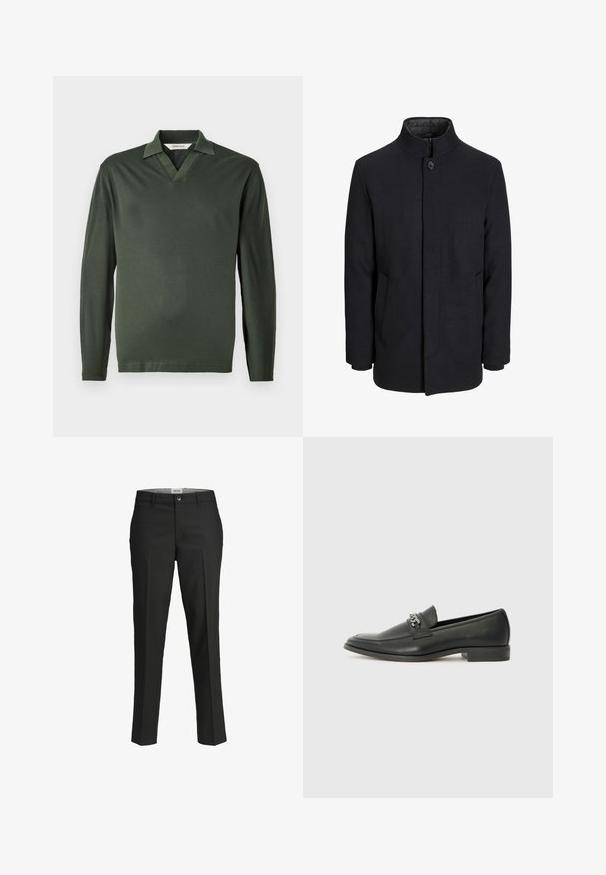 Moška črna volnena jakna z višjim ovratnikom, skritim zadrgo, enojnim gumbom za zapiranje in stranskimi žepi.; Polo majica s dugim rukavima v dark zeleni, izrađena od glatkog materijala. Ima V-izrez ovratnik i minimalistički dizajn bez uzoraka ili dodataka.; Črne hlače, krojene prilega, gladka tkanina, srednje visok pas, sprednja zaponka, diagonalne žepke in pregibna podrobnost vzdolž nog.; Črni usnjeni loafer z gladko površino, ki ima šivano zasnovo in dekorativni kovinski verižni naglas preko vampirja. Ravno peto.