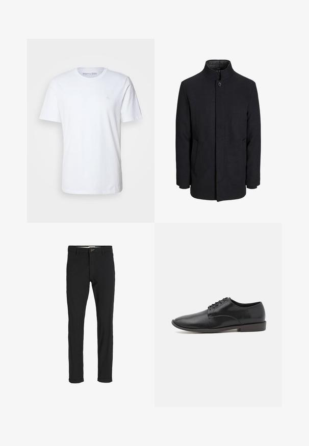 Férfi fekete gyapjú kabát magas gallérral, rejtett cipzárral, egy gombos záródással és oldalzsebekkel.; Rövid ujjú fehér pamut póló. Kerek nyakkivágással rendelkezik, és egy apró hímzett logó található a bal mellkas területén.; Fekete pamut keverék nadrág, slim fit szabással, gombos záródással, zsebekkel és felgöngyölt szárakkal a laza végeredményért.; Fekete bőr fűzős cipő sima felülettel, kerek orral és alacsony profilú gumitalppal. Minimalista dizájn, további díszítések nélkül.