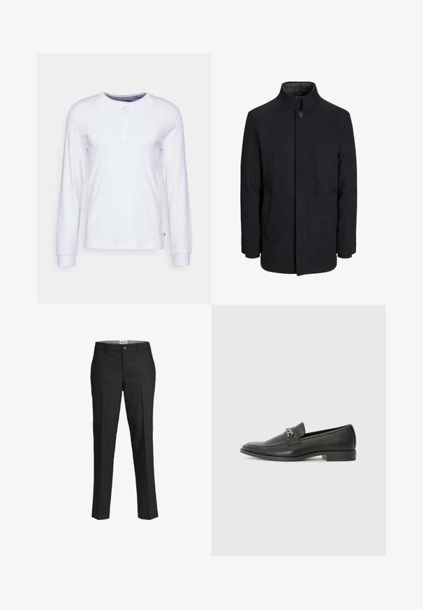 Miestenský čierny vlnený kabát s vysokým golierom, skrytým zipsom, jedným gombíkom na zapínanie a bočnými vreckami.; Valkoinen pitkähihaiset paita, joka on valmistettu puuvillasta ja jossa on henley-kaulus, kolme nappia, cuff-itsehihet ja suora helma.; Mustat housut, mittatilaustyönä valmistettu, sileä kangas, keski-korkea vyötärö, etunapilla suljettuna, viistot taskut ja taitteet lahkeissa.; Musta nahkakengät, joissa on sileä pinta, koristeelliset ompeleet ja metalliketjun yksityiskohta kengän päällä. Littee korko.