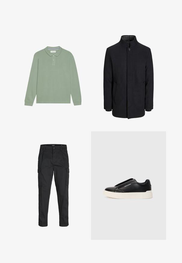 Palton negru din lână pentru bărbați, cu guler înalt, fermoar ascuns, închidere cu un singur buton și buzunare laterale.; Polo cu mânecă lungă din bumbac de culoare verde deschis, având guler, închidere cu trei nasturi și accente în dungi contrastante la guler.; Pantaloni cargo negri dintr-un material rezistent, cu multiple buzunare, închidere cu nasture și un design slim fit cu picioare conice.; Tenis negri slip-on cu upper din piele texturată, talpă din cauciuc alb și fără șireturi vizibile. Prezintă logo-ul mărcii pe lateral.