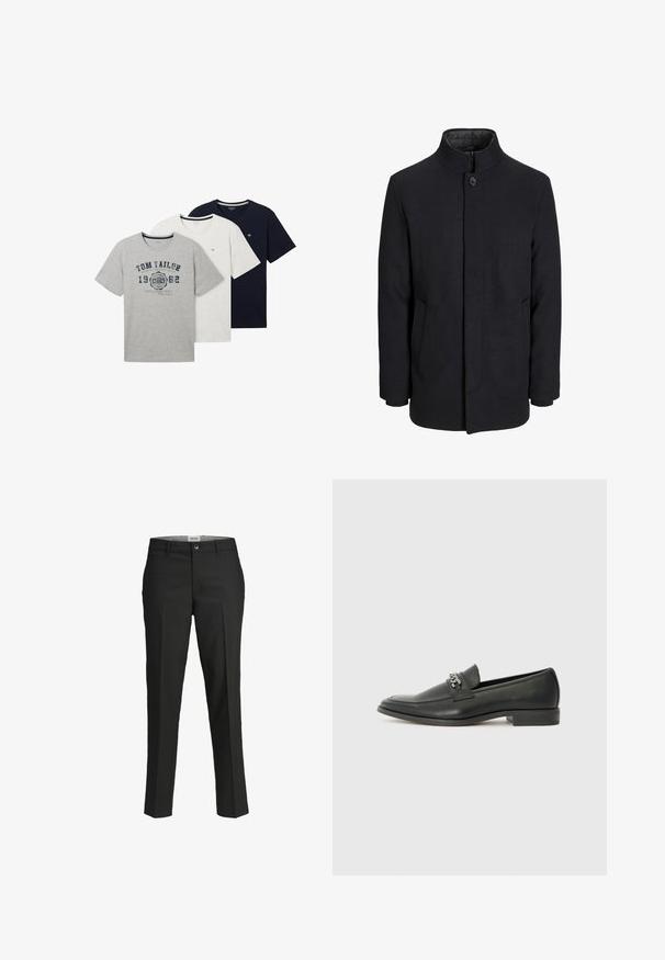 Zwart wollen mannenjas met hoge kraag, verborgen rits, sluiting met één knop en zijzakken.; Drie T-shirts met korte mouwen in grijs, wit en marineblauw. Elke shirt heeft een ronde halslijn en unieke bedrukking op het grijze shirt. Zacht katoenmateriaal.; Zwarte broek, getailleerde pasvorm, gladde stof, middelhoge taille, sluiting met frontknop, diagonale zakken en plooien langs de benen.; Zwarte leren instapper met een gladde afwerking, voorzien van een gestikt ontwerp en een decoratieve metalen kettingaccent over de wreef. Platte hak.