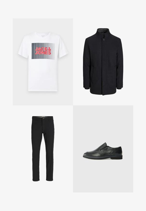 Miestenský čierny vlnený kabát s vysokým golierom, skrytým zipsom, jedným gombíkom na zapínanie a bočnými vreckami.; Valkoinen puuvillapaita, jossa on suorakulmainen graafinen kuvasto, jossa on pystysuoria mustia viivoja ja keskellä vaaleanpunainen "JACK&JONES" -teksti. Lyhyet hihat.; Mustat puuvillasekoitehousut, joissa on slim fit -leikkaus, napitus, taskut ja käärityt lahkeet rentoa ilmettä varten.; Musta nahkainen liukujalkine, jossa on sileä pinta, ommeltuja yksityiskohtia, pyöristetty kärki ja matala kumipohja. Pohjassa on minimaalinen pito.