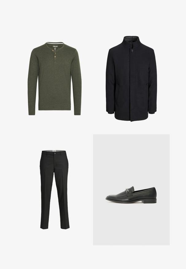 Zwart wollen mannenjas met hoge kraag, verborgen rits, sluiting met één knop en zijzakken.; Solid SDVOLKO - Longsleeve - olive; Zwarte broek, getailleerde pasvorm, gladde stof, middelhoge taille, sluiting met frontknop, diagonale zakken en plooien langs de benen.; Zwarte leren instapper met een gladde afwerking, voorzien van een gestikt ontwerp en een decoratieve metalen kettingaccent over de wreef. Platte hak.