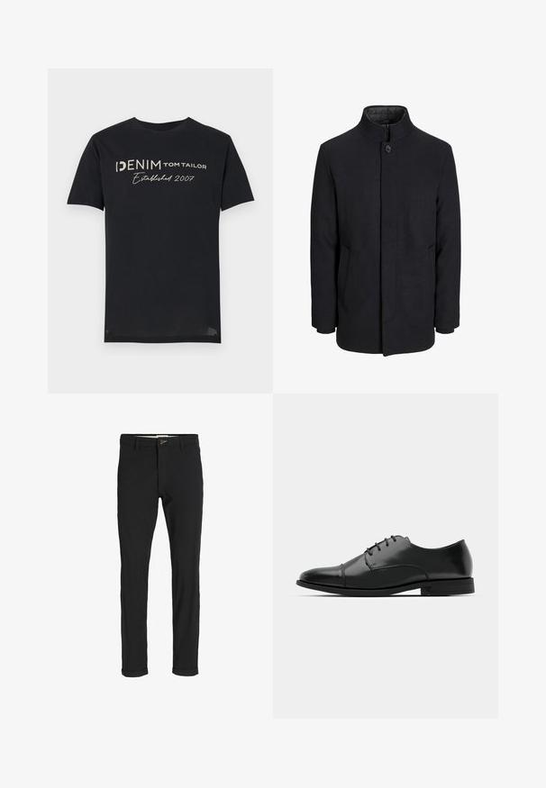 Palton negru din lână pentru bărbați, cu guler înalt, fermoar ascuns, închidere cu un singur buton și buzunare laterale.; Tricou din bumbac negru cu textul "DENIM TOM TAILOR Înființat 2007" în litere albe și gri, cu guler cerc și mâneci scurte.; Pantaloni negri din bumbac cu un croi slim, având închidere cu nasture, buzunare și manșete răsturnate pentru un aspect casual.; Pantofii negri din piele, cu vârful rotunjit, design cu șireturi, detalii de cusătură subtile și toc joasă. Textura netedă cu un finisaj lustruit.