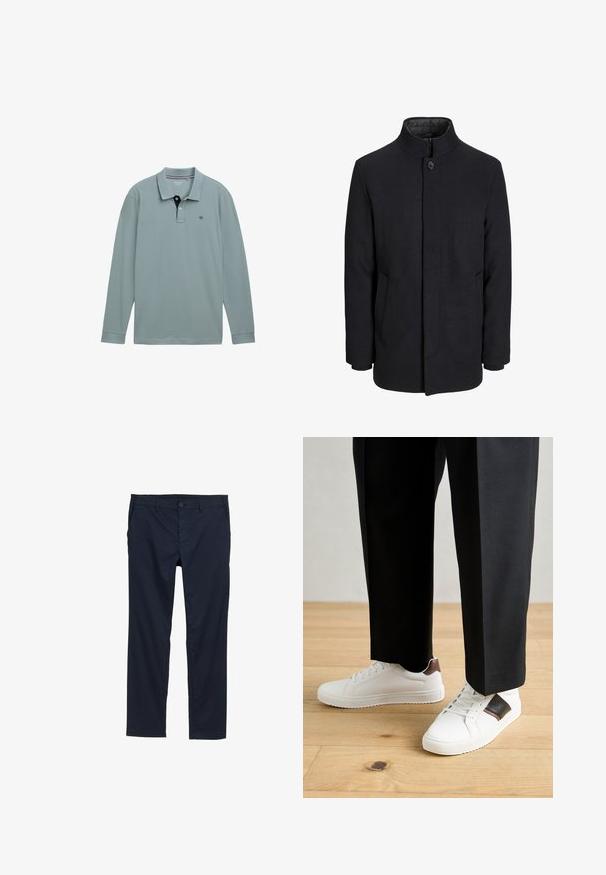 Palton negru din lână pentru bărbați, cu guler înalt, fermoar ascuns, închidere cu un singur buton și buzunare laterale.; Polo cu mâneci lungi, de culoare albastru deschis, cu guler contrastant navy. Material din bumbac, având un logo mic pe pieptul stâng. Croială clasică.; Pantaloni ușori de culoare albastru închis, cu o textură netedă, design cu picioare drepte, închidere cu nasture și buzunare laterale.; Sneakers albe cu textură netedă, având accente din piele maro și detalii negre, asociate cu pantaloni negri pe măsură. Fundal din podea din lemn.