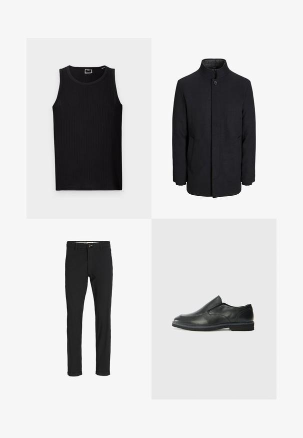 Herren schwarzer Wollmantel mit hohem Kragen, verdecktem Reißverschluss, einreihigem Knopfverschluss und Seitentaschen.; Schwarzes geripptes Tanktop mit rundem Ausschnitt, ärmellosem Design und einem weichen, strukturierten Stoff. Verfügt über einen geraden Saum und minimale Branding-Elemente.; Schwarze Baumwollmischungshose mit schmalem Schnitt, gekennzeichnet durch einen Knopfverschluss, Taschen und umgeschlagenen Säumen für einen lässigen Abschluss.; Schwarze Leder-Slipper mit glattem Obermaterial, gesteppten Akzenten, runder Zehenpartie und niedrigem Gummiabsatz. Die Sohle hat ein minimales Profil.