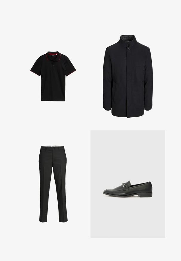 Meeste must villane mantel kõrge kraega, peidetud tõmblukk, ühe nööbiga kinnitamine ja küljetaskud.; Musthave musta polo särk, millel on tekstureeritud kangas, punane krae ja varrukate detailid, kolme nupuga esiosa, lühikesed varrukad ja ilma nähtavate mustriteta.; Mustad püksid, kohandatud lõige, sile kangas, keskmise kõrgusega vöökoht, ees nupuga sulgemine, diagonaalsed taskud ja voldid jalgade all.; Must haveate nahkking punased, millel on sile viimistlus, tikitud muster ja dekoratiivne metallkett vampi üle. Tasane konts.