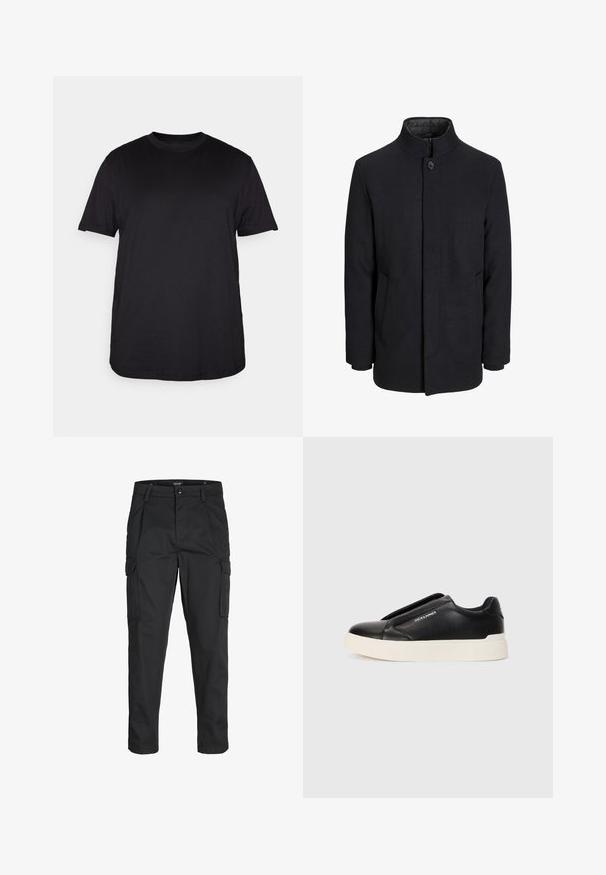 Cappotto da uomo in lana nera con colletto alto, zip nascosta, chiusura a un bottone e tasche laterali.; T-shirt nero a maniche corte realizzato in morbido cotone, con scollatura rotonda e vestibilità rilassata, senza motivi o dettagli visibili.; Pantaloni cargo neri realizzati in un tessuto resistente, dotati di molteplici tasche, chiusura con bottone e un design aderente con gambe affusolate.; Sneaker nera slip-on con parte superiore in pelle texturizzata, suola in gomma bianca e senza lacci visibili. Presenta il logo del marchio sul lato.