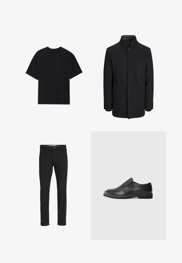Abrigo de lana negro para hombre con cuello alto, cremallera oculta, cierre de un botón y bolsillos laterales.; Camiseta de manga corta negra con una sutil textura a rayas, corte relajado y cuello redondo. Material suave sin logotipos visibles.; Pantalones de mezcla de algodón negros con corte ajustado, que presentan un cierre de botón, bolsillos y puños enrollados para un acabado casual.; Zapato negro de cuero sin cordones con un upper suave, detalles de costura, punta redonda y un bajo tacón de goma. La suela presenta una tracción mínima.