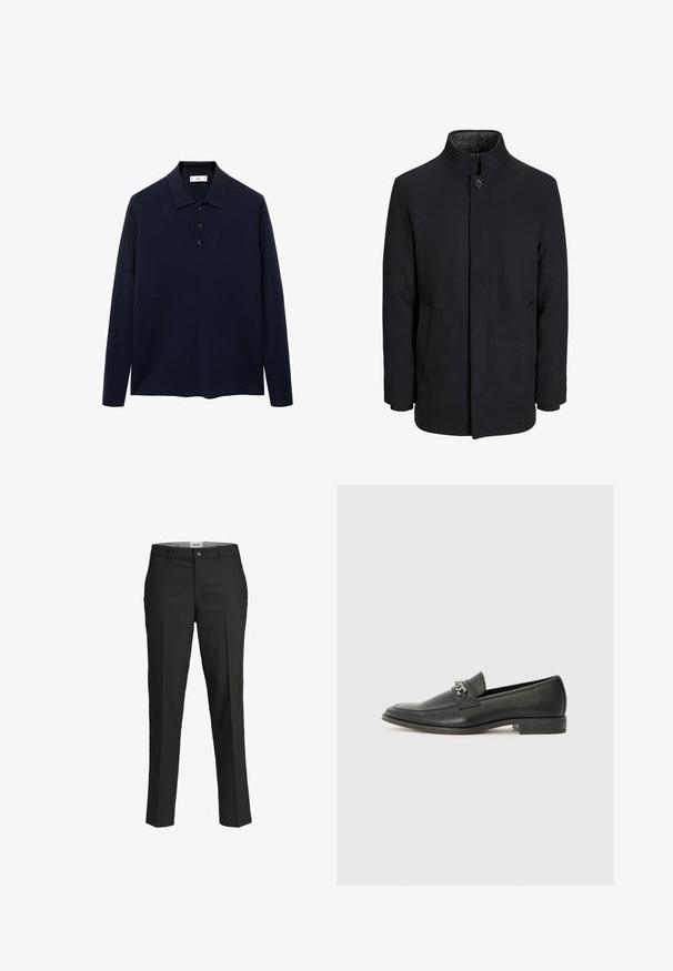 Men's black wool coat with high collar, concealed zipper, single button closure, and side pockets.; Navy blue long-sleeve polo shirt with three buttons and a standard collar, displayed on a white background.; Black trousers, tailored fit, smooth fabric, mid-rise waist, front button closure, diagonal pockets, and crease detailing down the legs.; Black leather loafer with a smooth finish, featuring a stitched design and a decorative metal chain accent across the vamp. Flat heel.