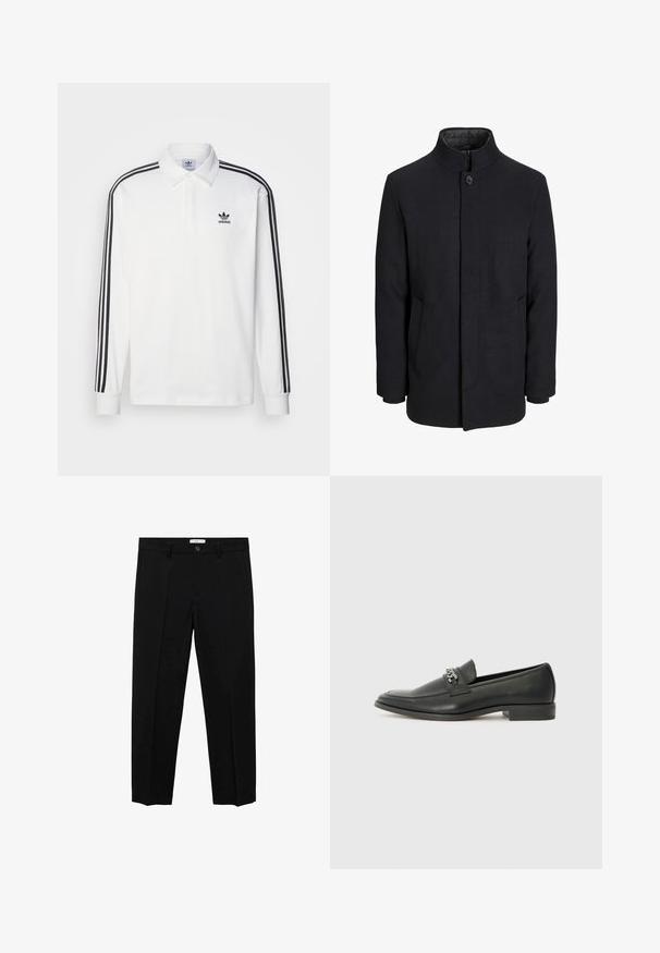 Svart ullrock för män med hög krage, dold dragkedja, singel knappstängning och sidofickor.; Vit långärmad polo med klassisk krage, svarta tre randiga accenter längs ärmarna och en liten svart logotyp på bröstet.; Svarta skräddarsydda byxor med rak passform, med en knappknäppning, bälteshällor och framfåll. Tillverkade av ett slätt tyg.; Svart läderloafers med en slät yta, med en sydd design och en dekorativ metallkedjeaccent över västen. Platt häldesign.