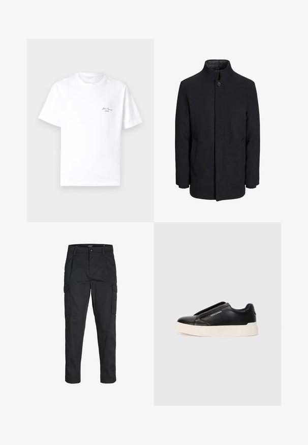 Men's svart ullfrakk med høy krage, skjult glidelås, en knapp lukking og sidelommer.; Hvit bomulls t-skjorte med rund hals, korte ermer og en liten svart logo på venstre brystområde. Glatt tekstur.; Sorte cargo bukser laget av slitesterkt stoff, med flere lommer, knappelukking og en slim fit-design med avsmalnede ben.; Sorte slip-on joggesko med teksturert læroverdel, hvit gummisåle og ingen synlige snører. Har merkevarelogo på siden.