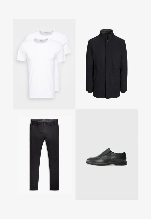 Pánský černý vlněný kabát s vysokým límcem, skrytým zipem, zapínáním na jeden knoflík a bočními kapsami.; Bílé bavlněné trička v balení po dvou. Kulatý výstřih, krátké rukávy a hladká textura. Bez vzorů nebo grafik.; Černé bavlněné chinos kalhoty s tapered střihem, vybavené pěti kapsami, poutky na opasek a hladkým povrchem. Zapínání na zip s knoflíkovým uzávěrem.; Černá kožená nazouvací bota s hladkým svrškem, prošívanými detaily, zaoblenou špičkou a nízkým gumovým podpatkem. Podešev má minimální vzorek.