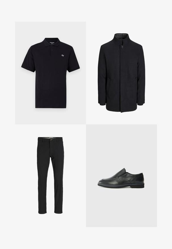 Férfi fekete gyapjú kabát magas gallérral, rejtett cipzárral, egy gombos záródással és oldalzsebekkel.; Fekete pólóing, pamutcikből készült. Klasszikus gallérral rendelkezik, három gombos nyitással és kis hímzett logóval a bal mellen. Rövid ujjak.; Fekete pamut keverék nadrág, slim fit szabással, gombos záródással, zsebekkel és felgöngyölt szárakkal a laza végeredményért.; Fekete bőr, slip-on cipő sima felsőrésszel, varrott díszítéssel, lekerekített orral és alacsony gumitalppal. A talpa minimális bordázattal rendelkezik.