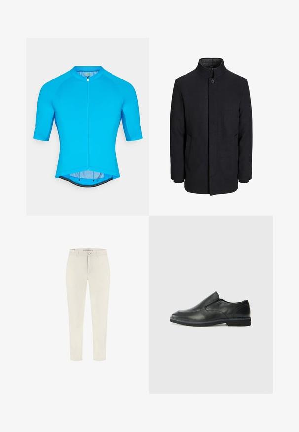 Palton negru din lână pentru bărbați, cu guler înalt, fermoar ascuns, închidere cu un singur buton și buzunare laterale.; Tricou de ciclism albastru cu mâneci scurte tip raglan, textură netedă, fermoar pe toată lungimea din față și un tiv posterior ușor prelungit pentru o acoperire suplimentară.; Pantaloni slim-fit de culoare albă murdară, cu bucle pentru curea, nasture frontal și fermoar, tăiați la gleznă.; Pantof de piele neagră, tip slip-on, cu un superior neted, accente cusute, vârf rotunjit și un toc jos din cauciuc. Talpa are un profil minim de aderență.
