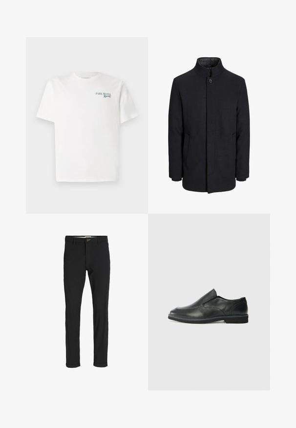 Zwart wollen mannenjas met hoge kraag, verborgen rits, sluiting met één knop en zijzakken.; Witte katoenen t-shirt met een ronde hals. Aan de voorkant staat groene tekst: "PARK MOTEL Resort." Korte mouwen en een relaxte pasvorm. Soepele textuur.; Zwarte katoenen broek van een katoenmix met een slim fit, voorzien van een knoopsluiting, zakken en opgerolde mouwen voor een casual afwerking.; Zwarte leren instapper met een soepele bovenkant, gestikte accenten, ronde neus en een lage rubberen hak. De zool heeft minimale profiel.