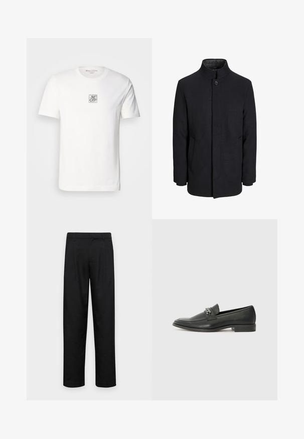 Pánsky čierny vlnový kabát s vysokým golierom, skrytým zipsom, jedným gombíkom a bočnými vreckami.; Biela bavlnená tričko s malým štvorecovým logom a textom "M O P", s okrúhlym výstrihom, krátkym rukávom a rovnými okrajmi.; Čierne nohavice vyrobené z hladkej tkaniny, s rovnými nohavicami, dvoma prednými skladmi a štandardným pásom s pútkami na opasok.; Čierne kožené loafers s hladkým povrchom, s prešitým dizajnom a dekoratívnym kovovým reťazovým akcentom cez priehlavok. Plochý podpätok.