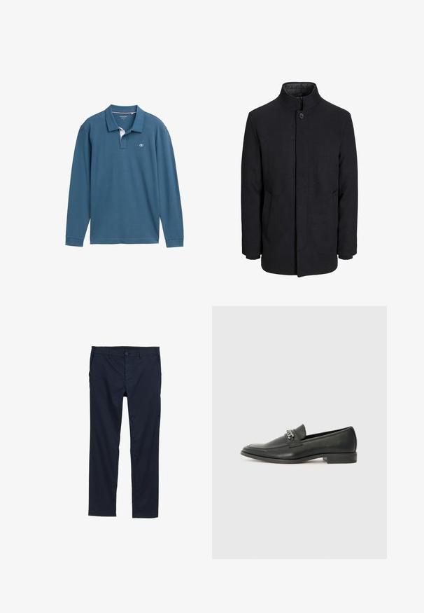 Moška črna volnena jakna z višjim ovratnikom, skritim zadrgo, enojnim gumbom za zapiranje in stranskimi žepi.; Majica s dolgimi rokavi v polo stilu iz teal bombaža, z belim podohtjem, tremi gumbi in majhnim logotipom na prsih.; Mornarsko modri lahki hlače z gladko teksturo, ravnim krojem, gumbom za zapiranje in stranskimi žepi.; Črni usnjeni loafer z gladko površino, ki ima šivano zasnovo in dekorativni kovinski verižni naglas preko vampirja. Ravno peto.