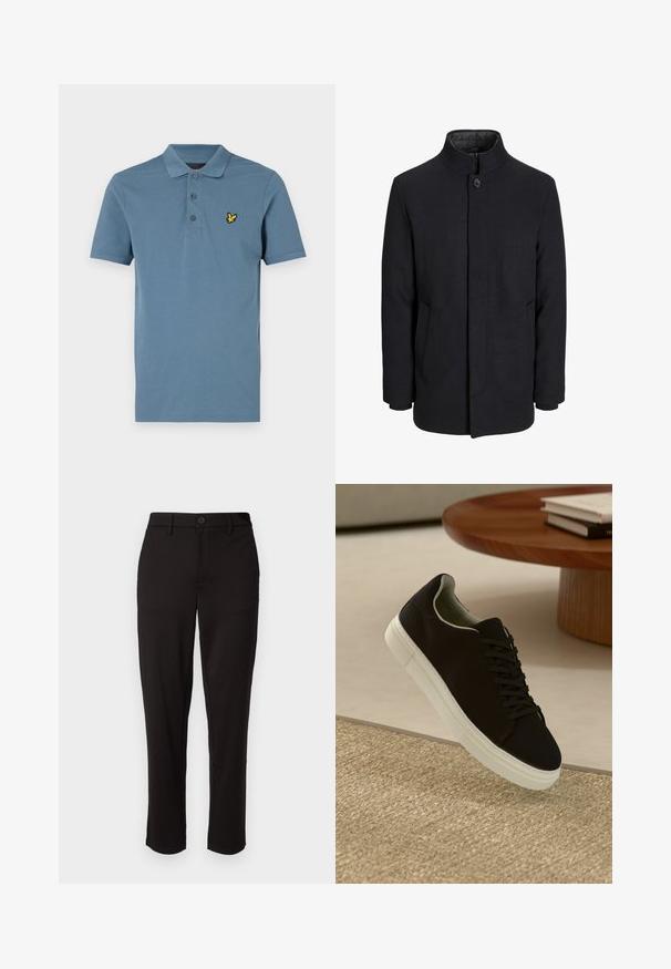 Pánsky čierny vlnový kabát s vysokým golierom, skrytým zipsom, jedným gombíkom a bočnými vreckami.; Svetlomodrá polo košeľa z bavlny, s trojitému gombíkovému zapínaniu a malým žltým vyšitým logom na hrudi. Krátke rukávy.; Čierne nohavice vyrobené z ľahkého materiálu, so strihaním do rovného strihu, predným zapínaním na gombík, pútkom na opasok a bočnými vreckami.; Čierna teniska s bielou podrážkou plávajúca nad béžovým textúrovaným kobercom pri okrúhlom drevenom stole s hromadou kníh.