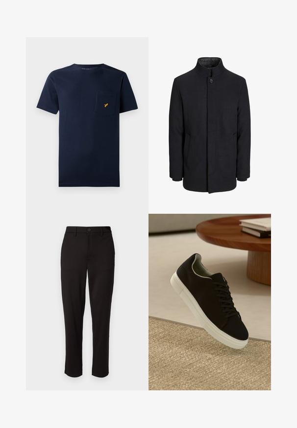Miestenský čierny vlnený kabát s vysokým golierom, skrytým zipsom, jedným gombíkom na zapínanie a bočnými vreckami.; T-paita tummansinisestä puuvillasta, lyhyillä hihoilla, pyöreällä kaula-aukolla ja rintataskulla, jossa on pieni keltainen lintulogo.; Mustat housut, jotka on valmistettu kevyestä kankaasta, suorat lahkeet, edessä nappikiinnitys, vyölenkit ja sivutaskut.; Musta lenkkari, jossa on valkoinen pohja, kelluu vaaleanbeige texturoituneen maton yllä pyöreän puupöydän vieressä, jonka päällä on pinottu kirjoja.