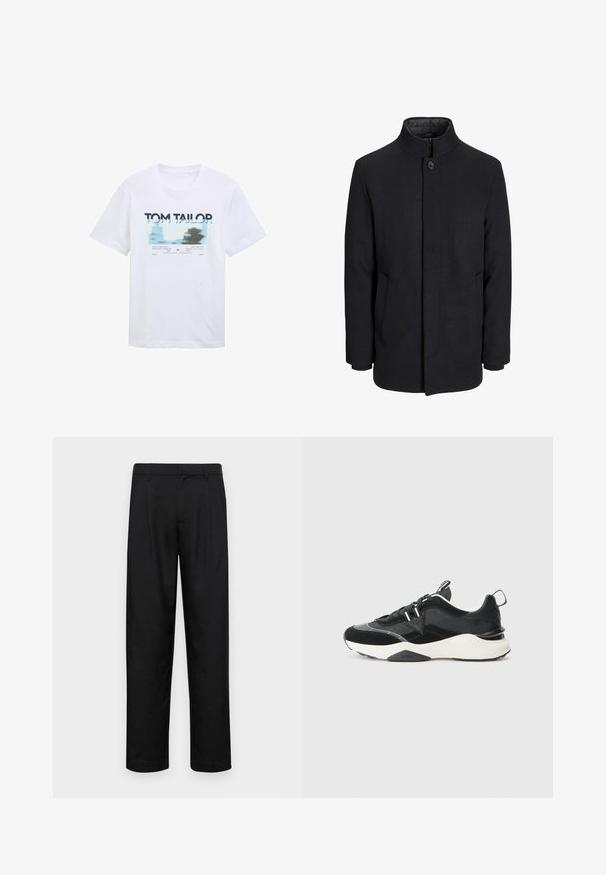 Miestenský čierny vlnený kabát s vysokým golierom, skrytým zipsom, jedným gombíkom na zapínanie a bočnými vreckami.; Valkoinen puuvillainen T-paita, jossa on sininen ja musta grafiikkapainatus tekstillä. Lyhyet hihat ja pyöreä pääntie, rento malli.; Mustat housut, jotka on valmistettu sileästä kankaasta, suoran lahkeen muotoilulla, kahdella etupleekillä ja tavanomaisella vyötäröllä, jossa on vyölenkit.; Musta lenkkari, jossa yhdistyvät mokka- ja verkkokankaat, muhkea valkoinen pohja ja heijastavat yksityiskohdat. Nauhakuuluma ja vetokahva.