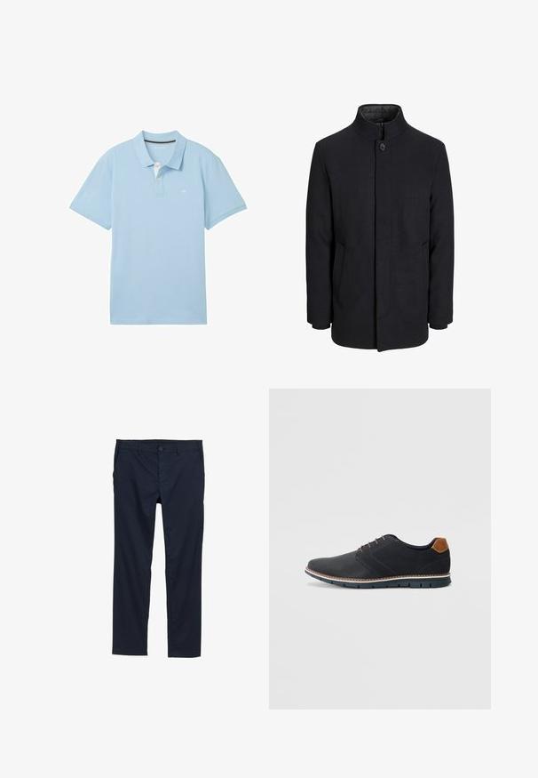 Svart ullrock för män med hög krage, dold dragkedja, singel knappstängning och sidofickor.; Ljust blå polotröja i slitstark tyg. Har klassisk krage, korta ärmar och en liten logotyp på vänster bröst.; Marinblå lätta byxor med en slät yta, rak bendesign, knappstängning och sidofickor.; Svarta syntetiska skor med en strukturerad ovandel, släta detaljer, brun klack och en kontrasterande sula. Har minimal snörning och sömdetaljer.