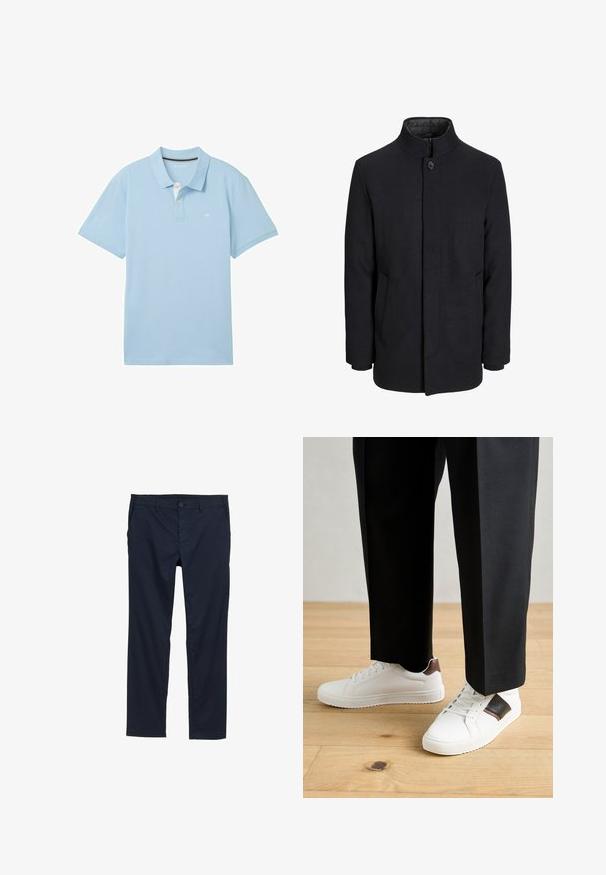 Męski czarny wełniany płaszcz z wysokim kołnierzem, ukrytym zamek błyskawicznym, zapięciem na jeden guzik oraz bocznymi kieszeniami.; Jasnoniebieska koszulka polo wykonana z gładkiego materiału. Posiada klasyczny kołnierzyk, krótkie rękawy oraz małe logo na lewej piersi.; Jasnoniebieskie, lekkie spodnie z gładką fakturą, prostym krojem nogawek, zapięciem na guziki i bocznymi kieszeniami.; Białe trampki o gładkiej fakturze, z brązowymi skórzanymi akcentami i czarnymi detalami, zestawione z czarnymi eleganckimi spodniami. Tło stanowi drewniana podłoga.