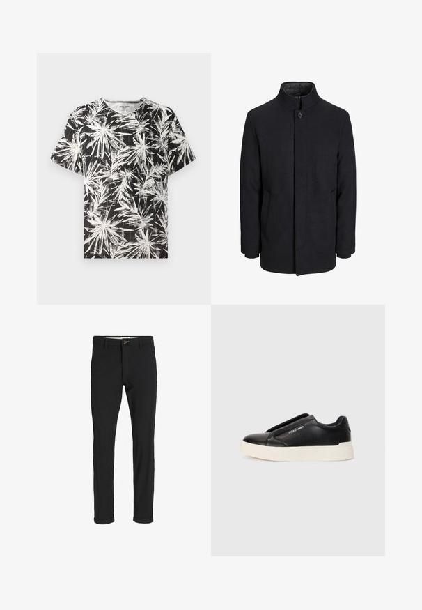 Muški crni vuneni kaput s visokim ovratnikom, skrivenim patentnim zatvaračem, jednim gumbom za zatvaranje i bočnim džepovima.; Crna majica kratkih rukava s bijelim apstraktnim uzorkom lista palme, okruglog izrezanog vrata, izrađena od lagane pamučne tkanine.; Crne hlače od pamuka sa slim fit krojem, s kopčanjem na dugme, džepovima i zavrnutim rukavima za ležeran izgled.; Crne slip-on tenisice s teksturiranim kožnim gornjištem, bijelim gumeni potplat i bez vidljivih vezica. Sadrži logotip marke sa strane.