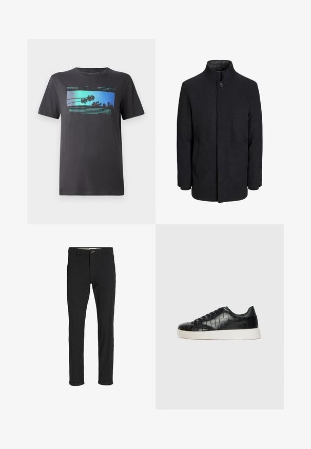 Pánský černý vlněný kabát s vysokým límcem, skrytým zipem, zapínáním na jeden knoflík a bočními kapsami.; Pánské černé tričko vyrobené z měkké bavlny. Má živou modrou grafiku s palmami a textem, kulatý výstřih a krátké rukávy.; Černé kalhoty z bavlněné směsi s úzkým střihem, s knoflíkovým zapínáním, kapsami a ohrnutými manžetami pro uvolněný vzhled.; Černé tenisky s texturovaným vrškem z kůže s embosovaným hadím vzorem, kulatou špičkou a kontrastní bílou gumovou podrážkou s hladkým povrchem.