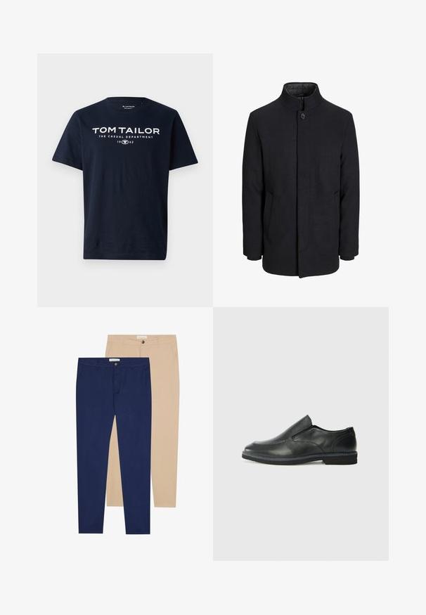 Miestenský čierny vlnený kabát s vysokým golierom, skrytým zipsom, jedným gombíkom na zapínanie a bočnými vreckami.; T-paita tummansinisestä puuvillasta, jossa on rohkeaa valkoista tekstiä: "TOM TAILOR THE CASUAL DEPARTMENT 1962." Lyhyet hihat ja pyöreä kaula-aukko.; Kaksi paria housuja: yksi tummansininen, yksi beige. Molemmissa on suora leikkaus, nappisuljenta ja sileä kangas.; Musta nahkainen liukujalkine, jossa on sileä pinta, ommeltuja yksityiskohtia, pyöristetty kärki ja matala kumipohja. Pohjassa on minimaalinen pito.