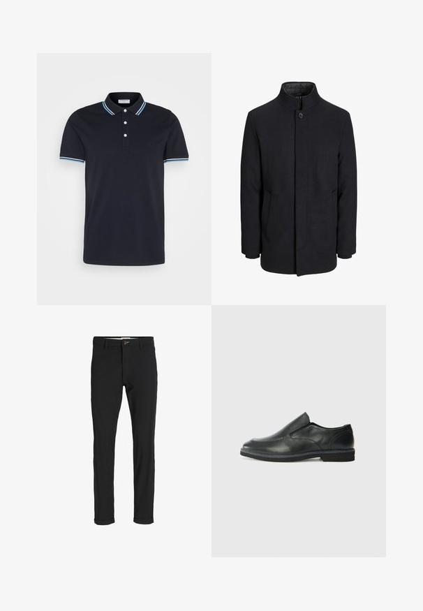 Men's black wool coat with high collar, concealed zipper, single button closure, and side pockets.; Lindbergh CONTRAST PIPING - Polo shirt - navy; Black cotton blend pants with a slim fit, featuring a button closure, pockets, and rolled cuffs for a casual finish.; Black leather slip-on shoe with a smooth upper, stitched accents, rounded toe, and a low rubber heel. Sole features minimal tread.