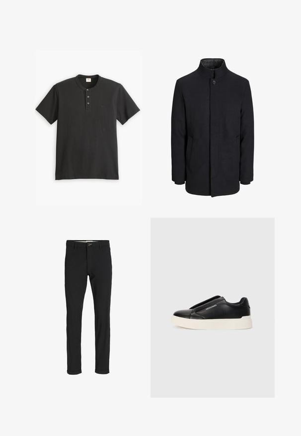 Moška črna volnena jakna z višjim ovratnikom, skritim zadrgo, enojnim gumbom za zapiranje in stranskimi žepi.; Črna polo majica s kratkimi rokavi, izdelana iz bombaža, z gumbasto zaponko s tremi gumbi in majhnim logotipom na levi strani prsnega koša.; Črne bombažne hlače iz mešanice tkanin, ožjega kroja, z gumbom za zapiranje, žepi in zavihanimi robovi za sproščen videz.; Črne slip-on športne čevlje z teksturiranim usnjenim zgornjim delom, belim gumijastim podplatom in brez vidnih vezalk. Na strani je logotip blagovne znamke.
