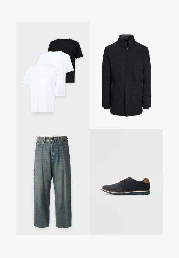 Cappotto da uomo in lana nera con colletto alto, zip nascosta, chiusura a un bottone e tasche laterali.; Tre t-shirt a maniche corte: due bianche e una nera. Realizzate in cotone, presentano un collo rotondo e un design semplice e classico.; Jeans di denim azzurro chiaro con vestibilità ampia, vita media e gambe dritte. Presenta cinque tasche, passanti per cintura e chiusura con bottone.; Scarpe sintetiche nere con tomaia testurizzata, dettagli lisci, tacco marrone e suola a contrasto. Presentano una lacerazione minimale e dettagli di cucitura.