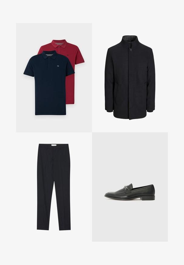 Pánsky čierny vlnový kabát s vysokým golierom, skrytým zipsom, jedným gombíkom a bočnými vreckami.; Dvoje polokošieľ: jedna námornícka modrá, druhá burgundská. Obe majú klasický golier, zapínanie na tri gombíky a vyšité logo na hrudi.; Čierne vychádzkové nohavice s plochým predným dielom, klasického strihu, vyrobené z hladkej tkaniny, s prešitou záhybmi a bočnými vreckami.; Čierne kožené loafers s hladkým povrchom, s prešitým dizajnom a dekoratívnym kovovým reťazovým akcentom cez priehlavok. Plochý podpätok.