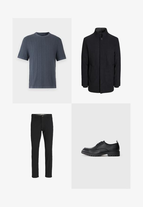 Herren schwarzer Wollmantel mit hohem Kragen, verdecktem Reißverschluss, einreihigem Knopfverschluss und Seitentaschen.; Kurzarm-T-Shirt mit Rundhalsausschnitt in Dunkelgrau, das über ein strukturiertes Rippdesign und feste Bündchen verfügt. Glatte Stoffoberfläche.; Schwarze Baumwollmischungshose mit schmalem Schnitt, gekennzeichnet durch einen Knopfverschluss, Taschen und umgeschlagenen Säumen für einen lässigen Abschluss.; Schwarze Lederschuhe mit glatter Textur, runder Zehenform, Schnürung an der Vorderseite und einer robusten Gummisohle mit einem profilierten Muster.